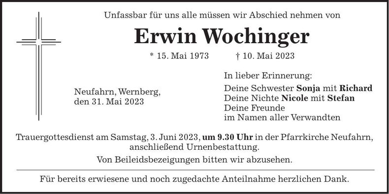 Traueranzeige Erwin Wochinger