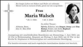 Traueranzeige Maria Walsch