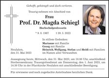 Traueranzeige Magda Schiegl