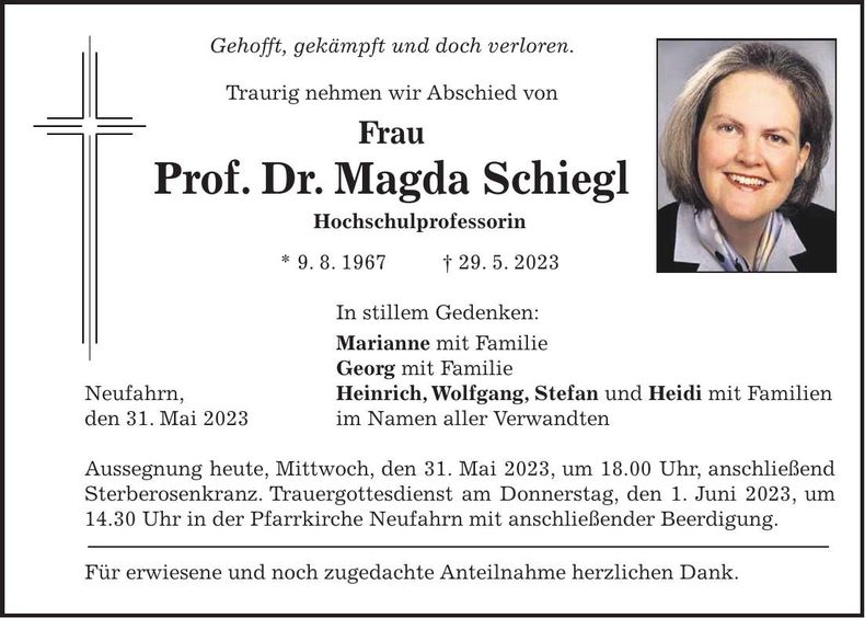 Traueranzeige Magda Schiegl