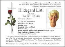 Traueranzeige Hildegard Listl