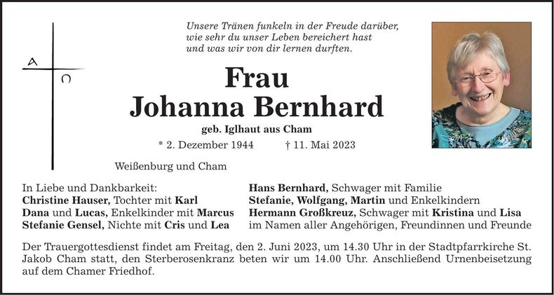 Traueranzeige Johanna Bernhard