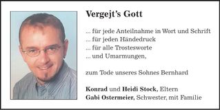 Traueranzeige Bernhard Stock