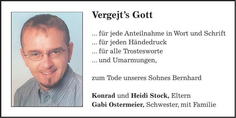 Traueranzeige Bernhard Stock