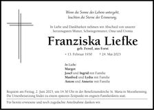 Traueranzeige Franziska Liefke