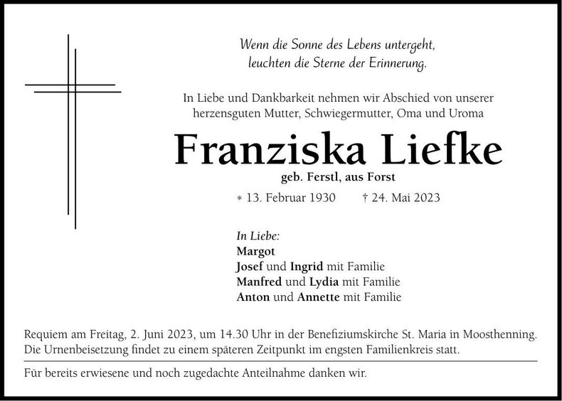Traueranzeige Franziska Liefke