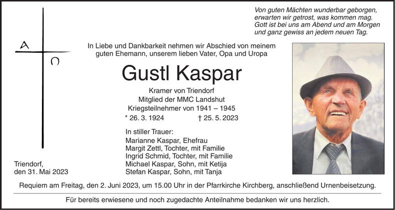 Traueranzeige Gustl Kaspar