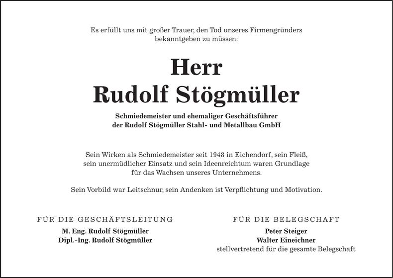 Traueranzeige Rudolf Stögmüller