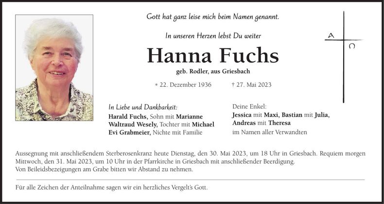 Traueranzeige Hanna Fuchs