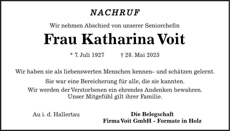 Traueranzeige Katharina Voit