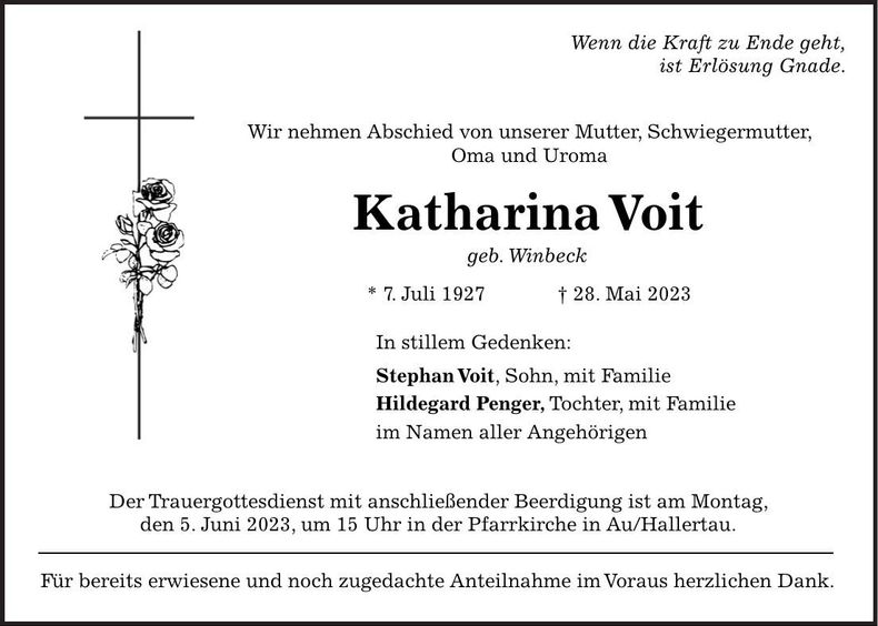 Traueranzeige Katharina Voit