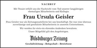 Traueranzeige Ursula Geisler