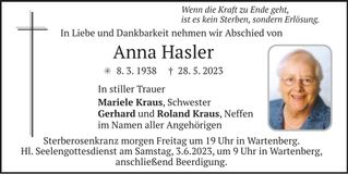 Traueranzeige Anna Hasler