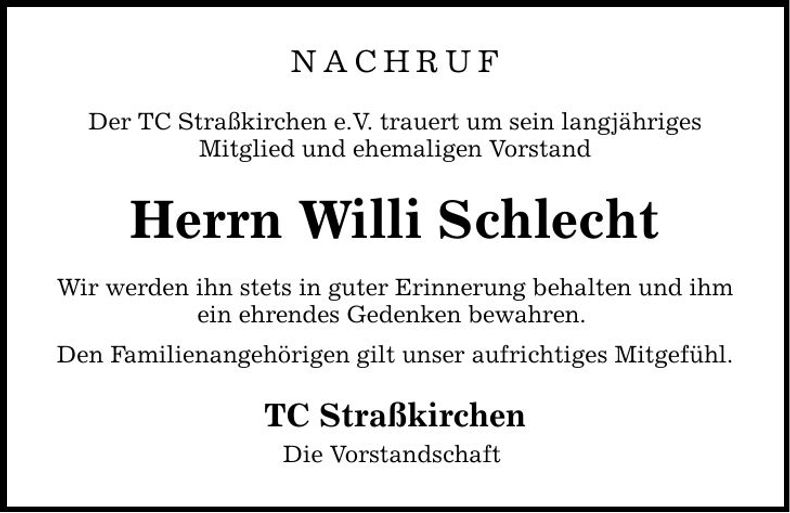 Traueranzeige Willi Schlecht