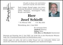 Traueranzeige Josef Schießl