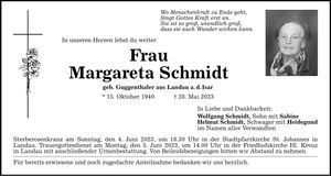 Traueranzeige Margareta Schmidt