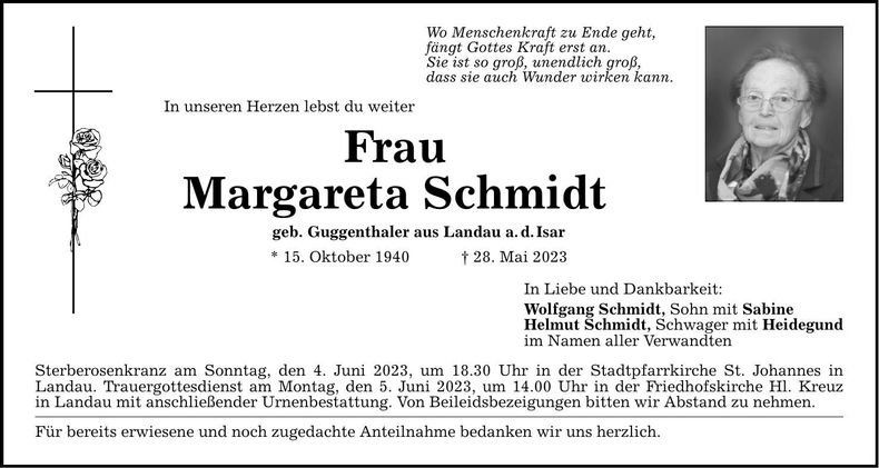 Traueranzeige Margareta Schmidt