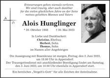 Traueranzeige Alois Hunglinger