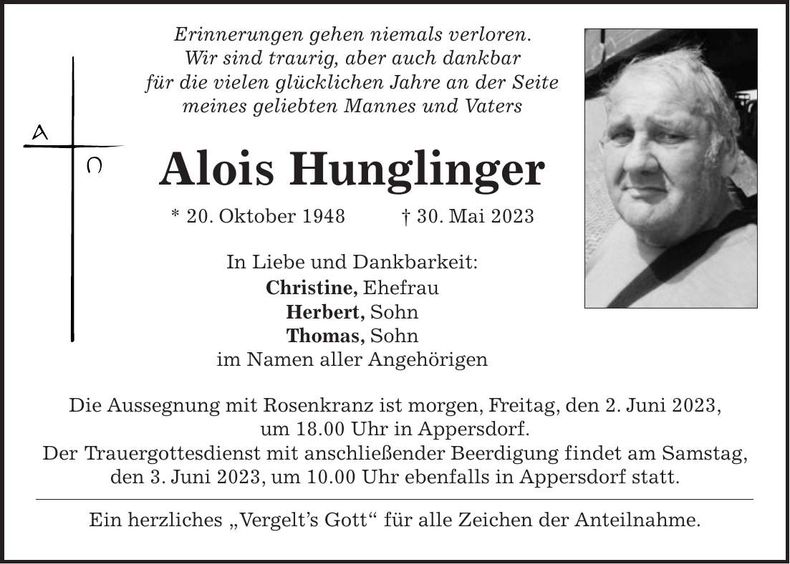 Traueranzeige Alois Hunglinger