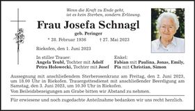 Traueranzeige Josefa Schnagl