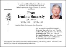 Traueranzeige Irmina Smarsly