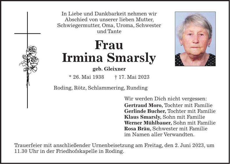 Traueranzeige Irmina Smarsly