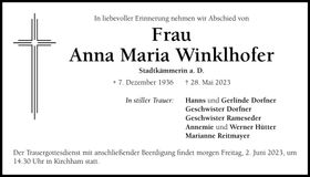 Traueranzeige Anna Maria Winklhofer