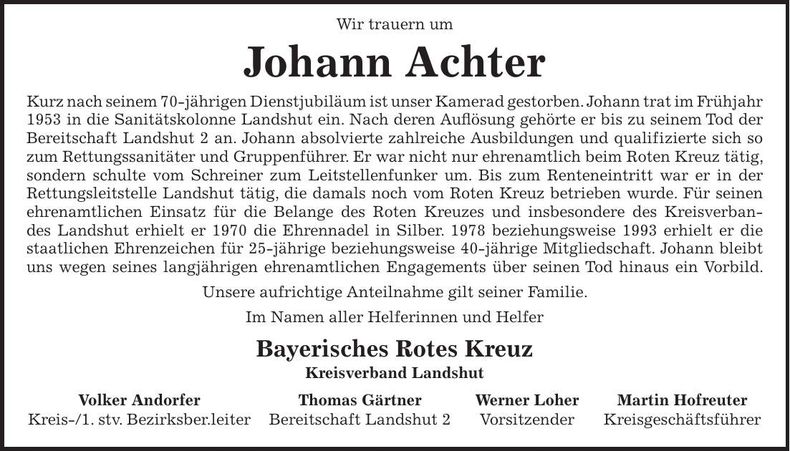 Traueranzeige Achter Johann