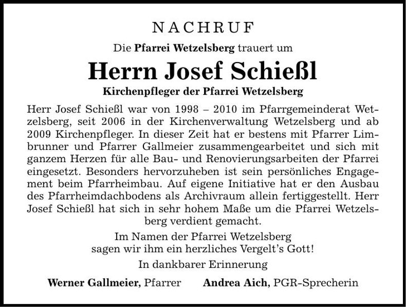 Traueranzeige Josef Schießl