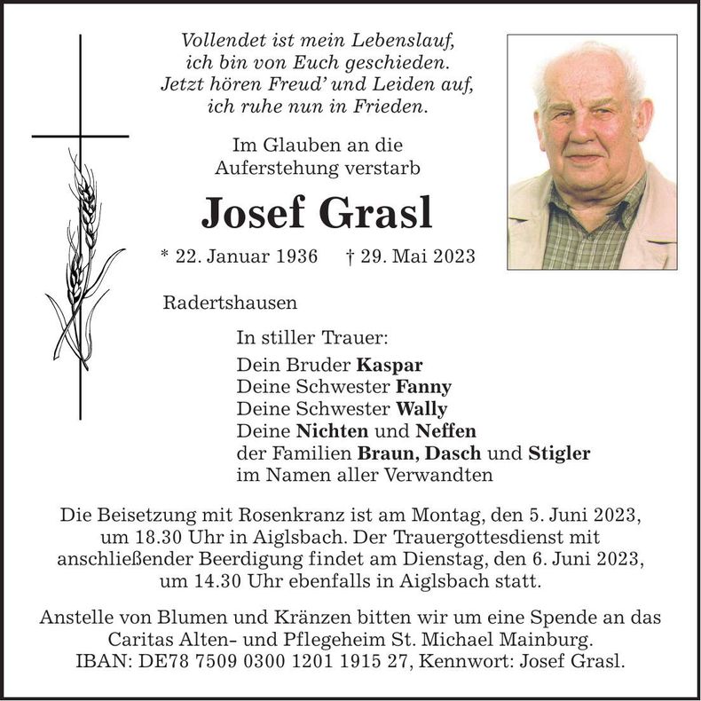 Traueranzeige Josef Grasl