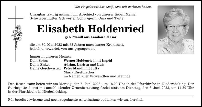 Traueranzeige Elisabeth Holdenried