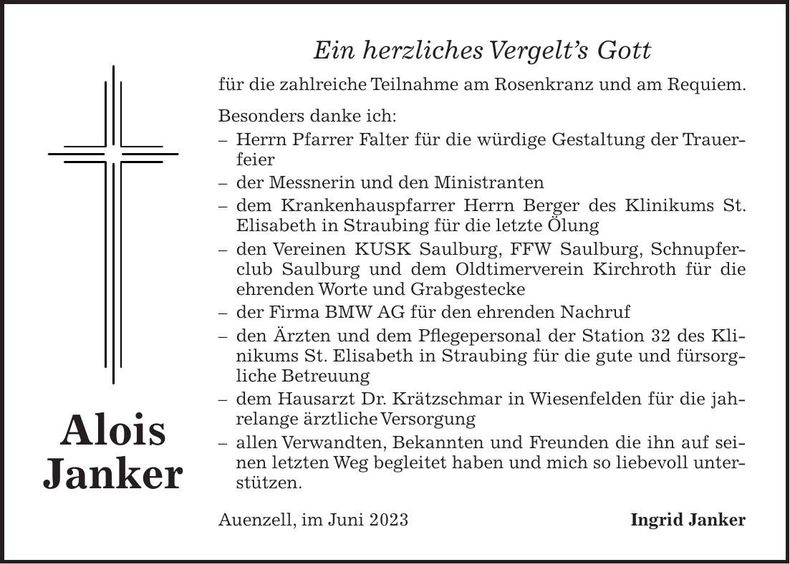Traueranzeige Alois Janker