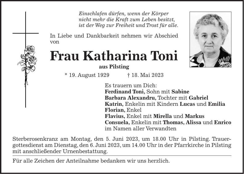 Traueranzeige Katharina Toni