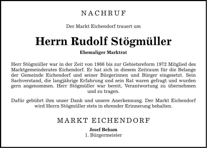 Traueranzeige Rudolf Stögmüller