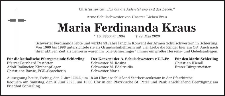 Traueranzeige Maria Ferdinanda Kraus