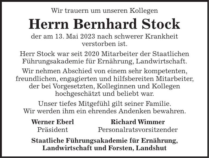Traueranzeige Bernhard Stock