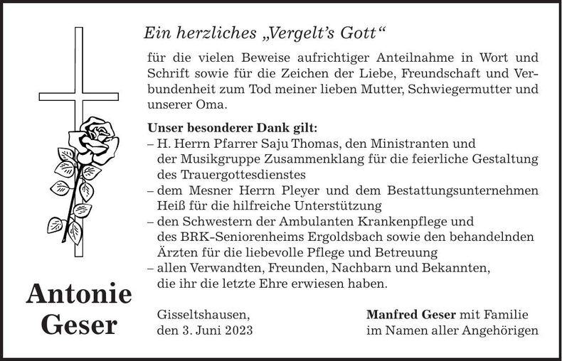 Traueranzeige Antonie Geser