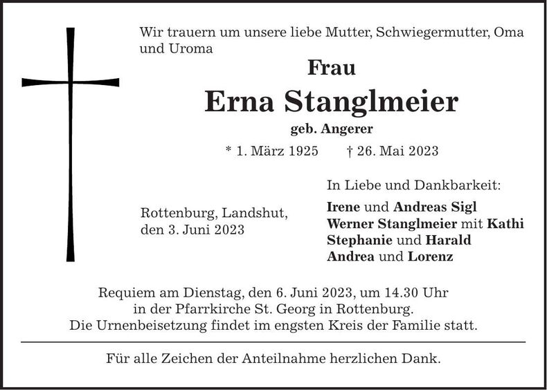 Traueranzeige Erna Stanglmeier