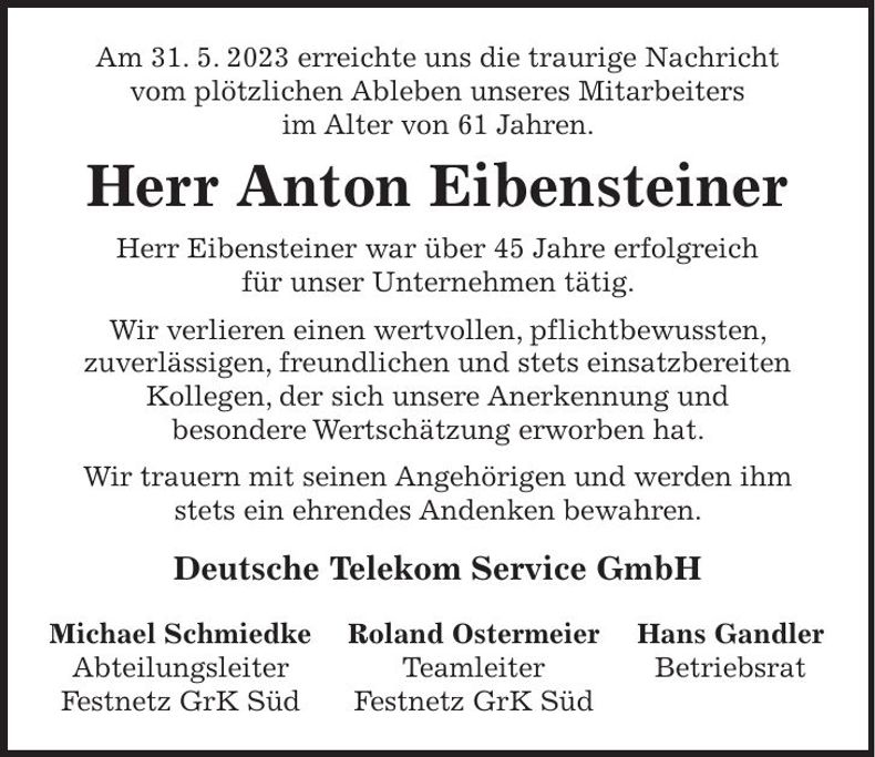 Traueranzeige Anton Eibenstein
