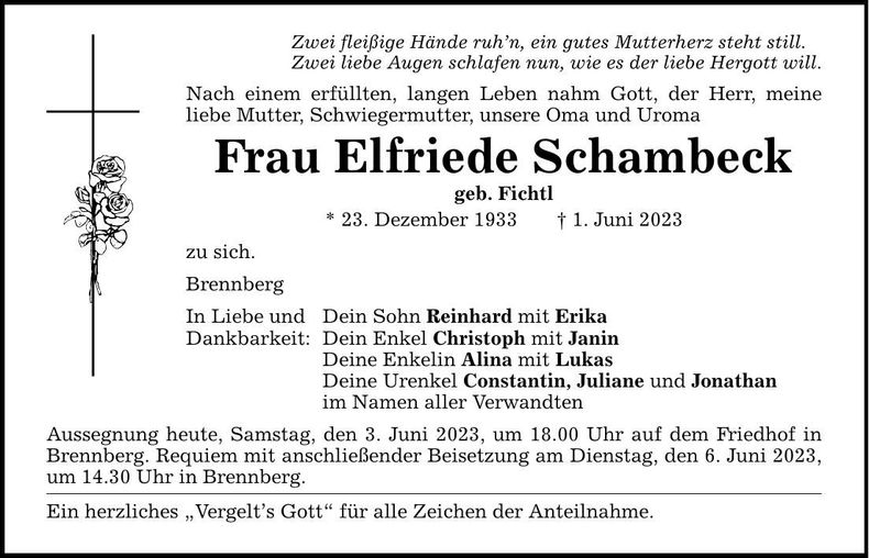 Traueranzeige Elfriede Schambeck