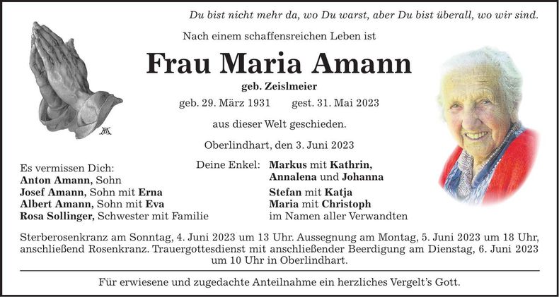 Traueranzeige Maria Amann