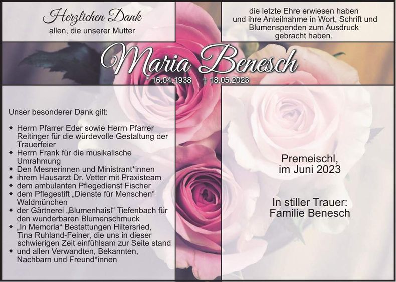 Traueranzeige Maria Benesch