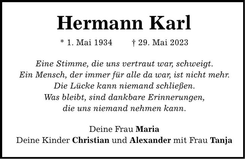 Traueranzeige Hermann Karl