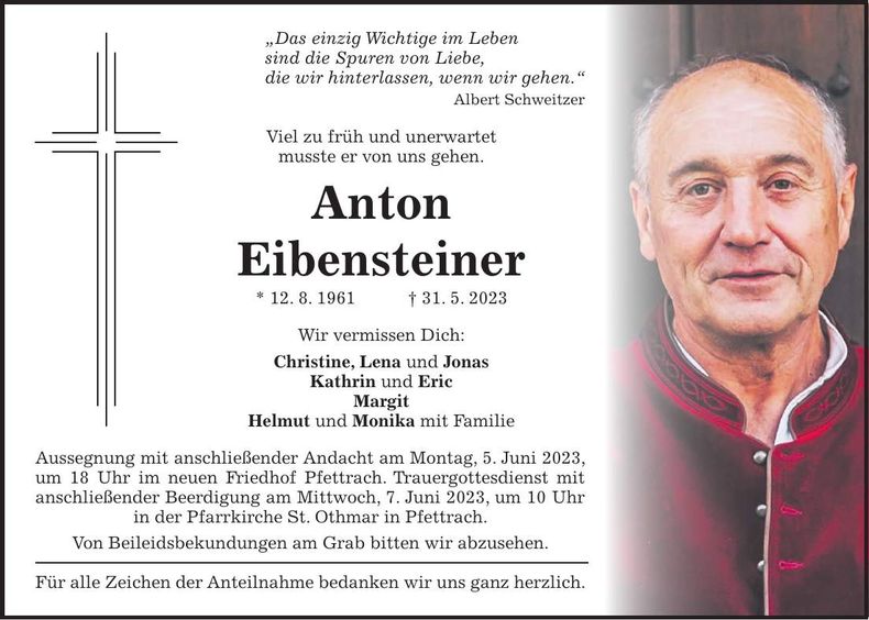 Traueranzeige Anton Eibensteiner
