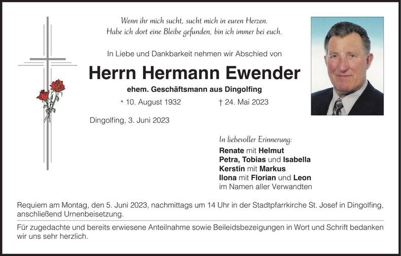 Traueranzeige Hermann Ewender
