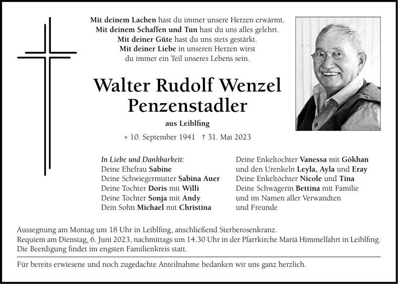 Traueranzeige Walter Rudolf Wenzel Penzenstadler