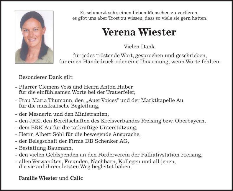 Traueranzeige Verena Wiester
