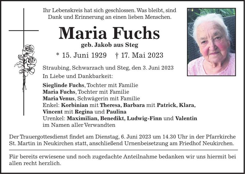 Traueranzeige Maria Fuchs