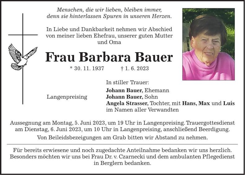 Traueranzeige Barbara Bauer