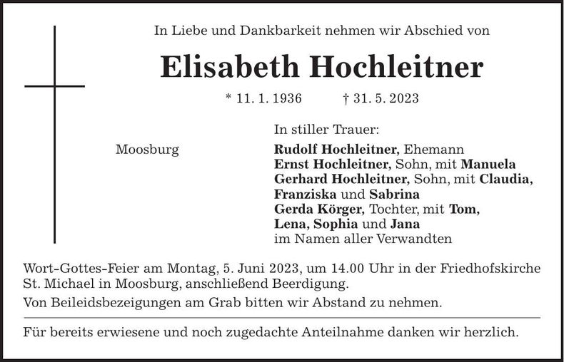 Traueranzeige Elisabeth Hochleitner